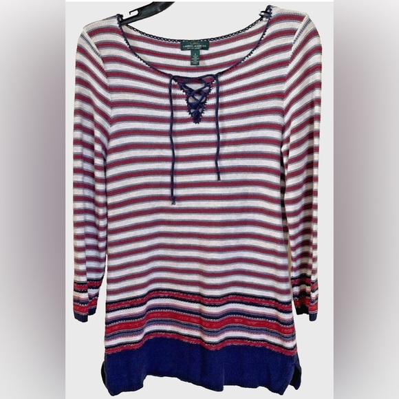 Lauren Ralph Lauren Sweaters - Lauren Ralph Lauren Striped Lace-Up Sweater Red White Navy Cotton Size S Small
